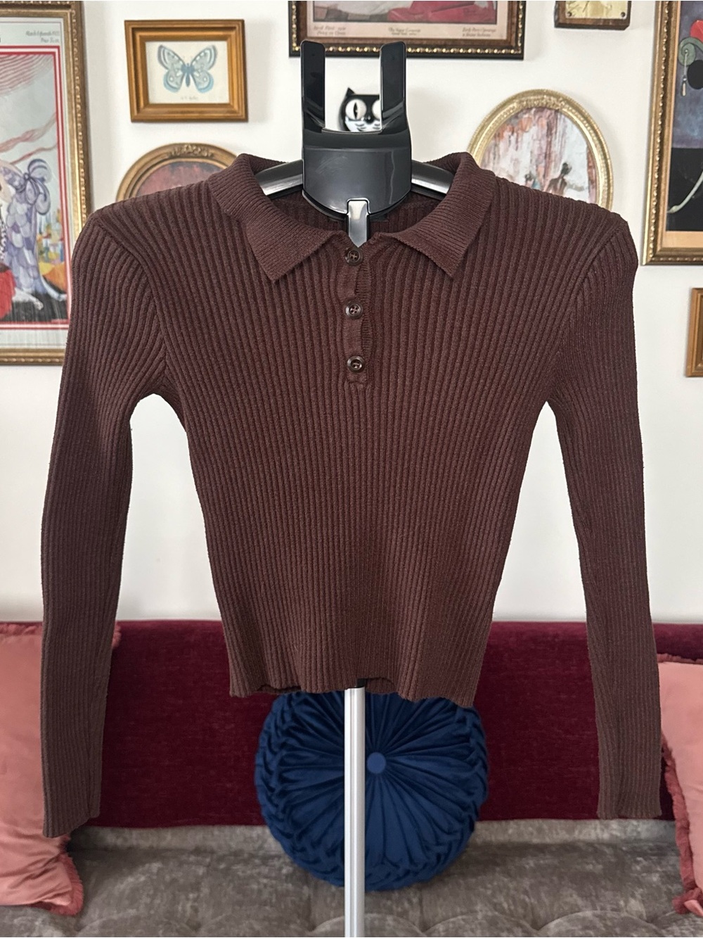 Brown Ribbed Knit Polo Top - Women